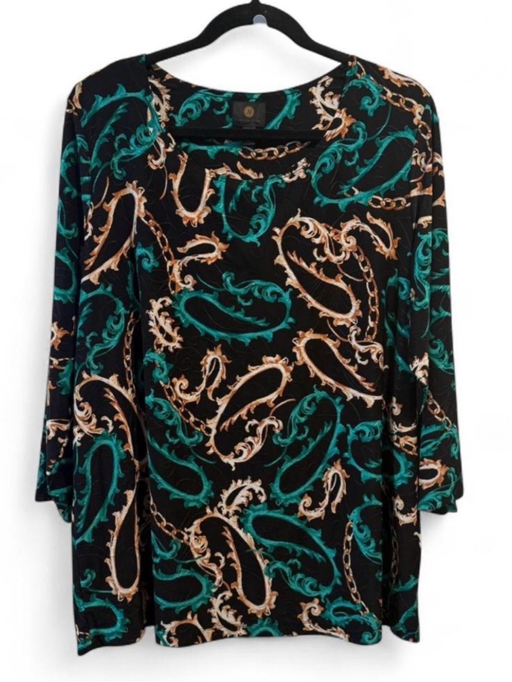JM Collection Black Long Sleeve Top with Teal and Cream Scroll & Chain Print